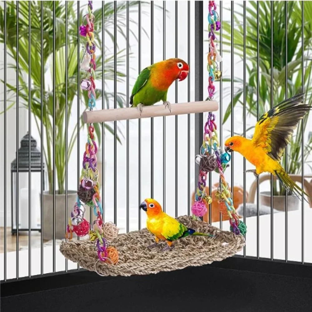 Woven-Seagrass Bird Hammock - Bird Swing Toys w/ Wood Perch